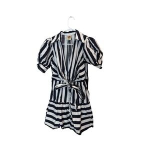Farm Rio Shirt Dress Womens Medium Black White Stripe‎ Puff Sleeve Belted Mini